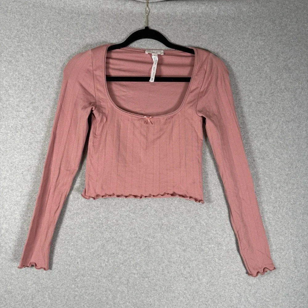 Altar'd state shirt womens XS/S cropped bow lattice trim long sleeve top